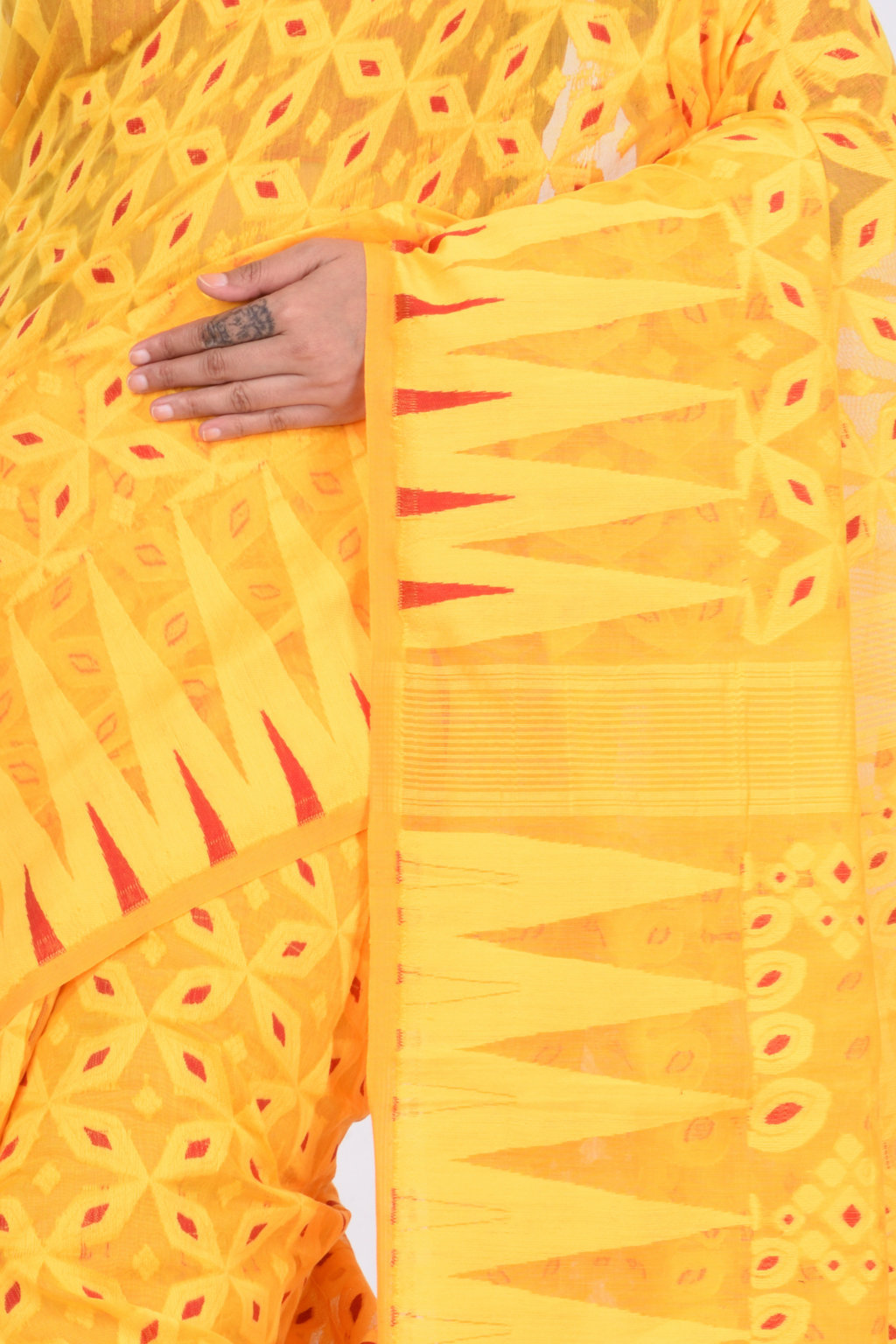 Yellow Pure Cotton Minakari_Jmdni Jamdani Saree (693)